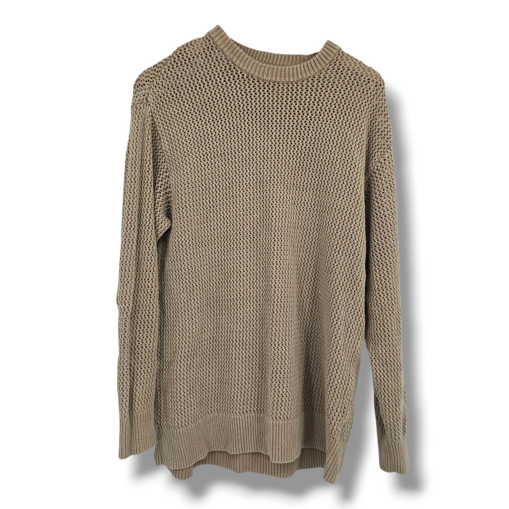 Zara Mens Tan Open Knit Mesh Sweater Long Sleeve Crewneck Relaxed Fit Small